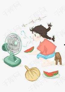 电风扇吃瓜插画,趣味插画演绎吃瓜时光